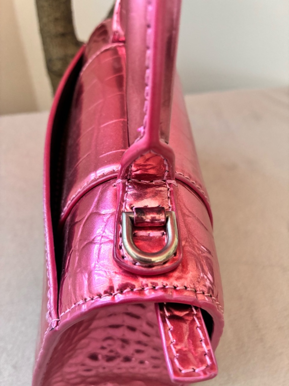 Balenciaga Metallic Fuchsia Croc-Embossed Hourglass Satchel - Picture 8 of 15